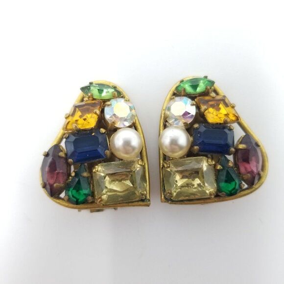 Vintage Rhinestone Cluster Clip On Earrings, Made in Germany US Zone, Colorful - Picture 1 of 7